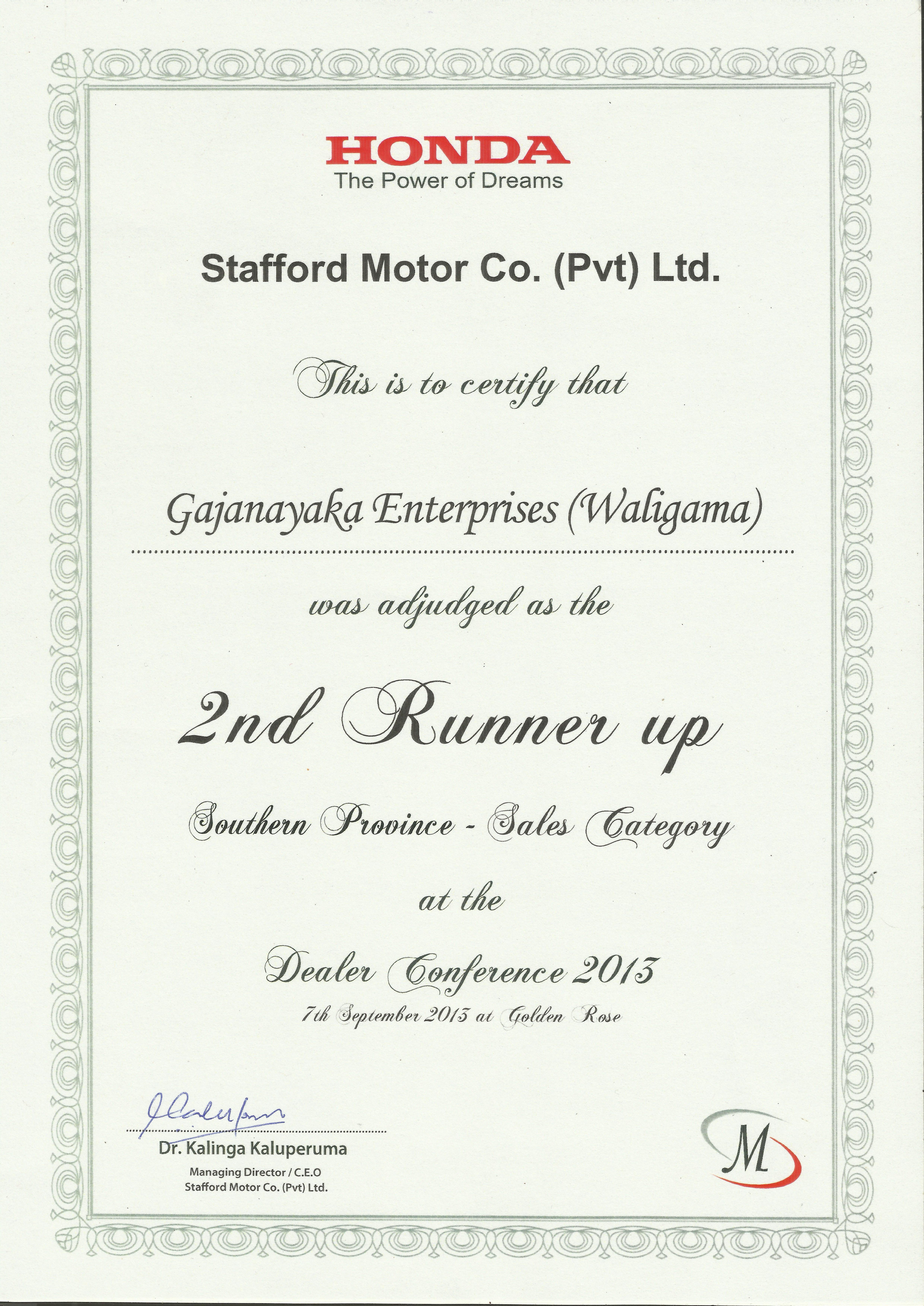 2013 Honda certificate naming Gajanayaka Enterprises as Southern Province Sales Category 2nd Runner-up
