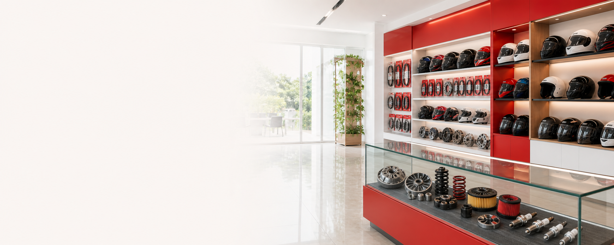 Helmets and genuine motorcycle spare parts displayed inside Gajanayaka Enterprises