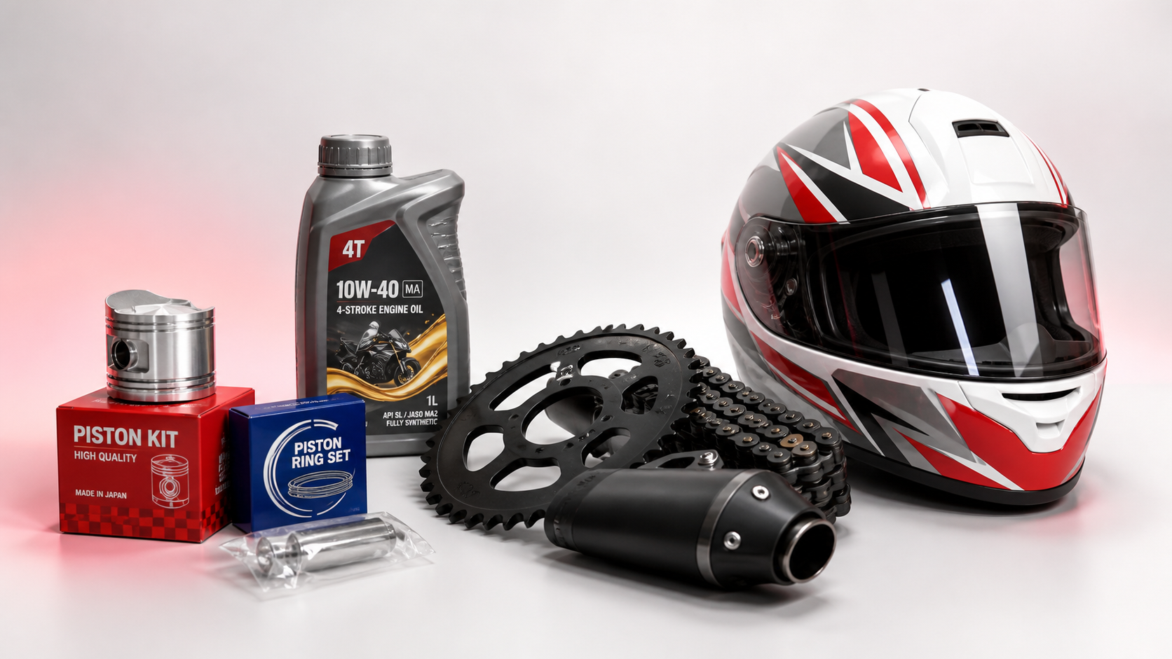 Motorcycle helmet with piston kit, engine oil, chain, sprockets and exhaust component